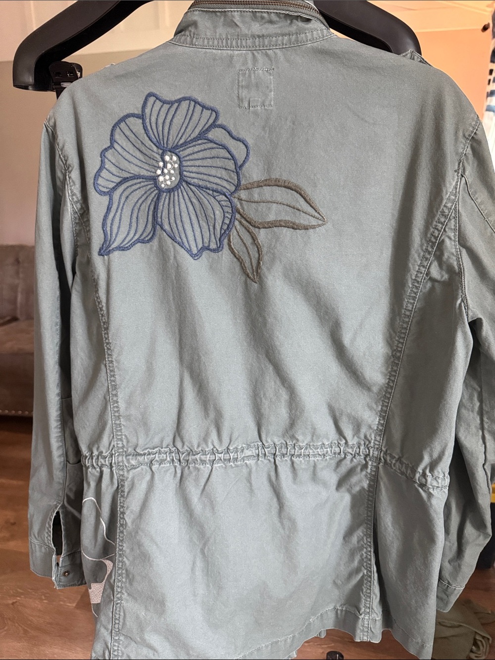 Kensie Utility Jacket in Light Olive Green with Floral Embroidery